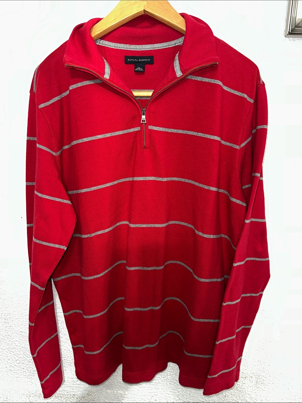 Banana Republic Red Quarter-Zip Sweater with Gray Stripes